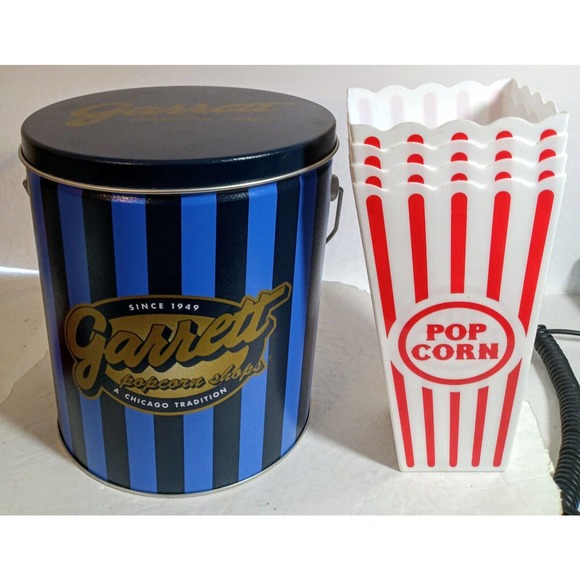 Garrett Popcorn Empty Tin Can Stripe  7"   Blue Souvenir with 4 stripped po - Picture 1 of 7